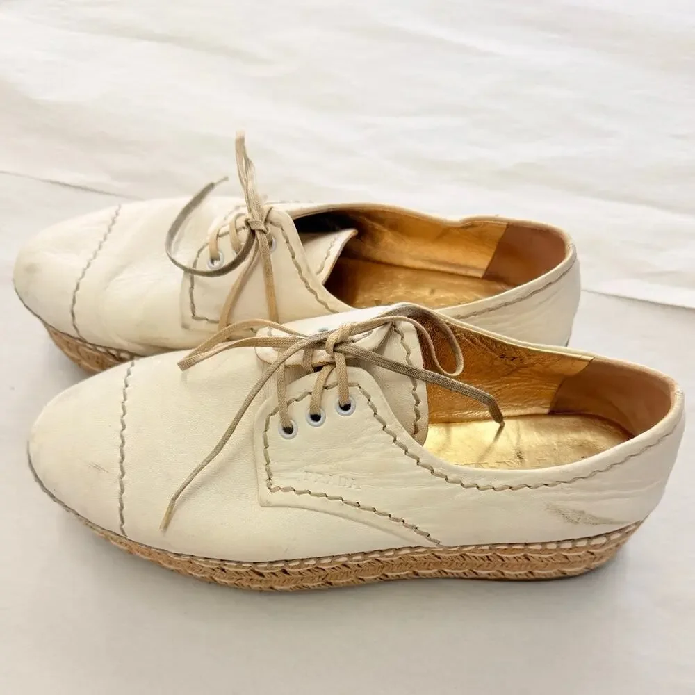 Prada 2024 Leather Platform Espadrilles EU 37.5 US‎ 7.5 Off-White